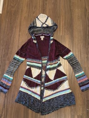Mudd Hooded Aztec Open-Front Cardigan - Burgundy, Cream, Teal, Purple, Gray